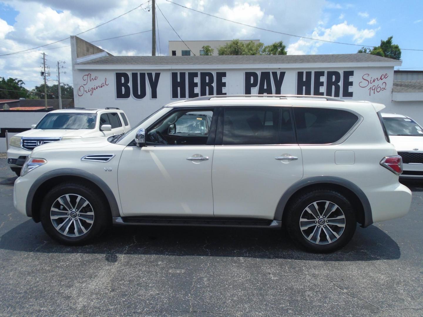 2019 White /BLACK Nissan Armada SL 2WD (JN8AY2ND6KX) with an 5.6L V8 DOHC 32V engine, 7A transmission, located at 6112 N Florida Avenue, Tampa, FL, 33604, (888) 521-5131, 27.954929, -82.459534 - 499$ DOWN PLUS TAX & TAG. - Photo#0