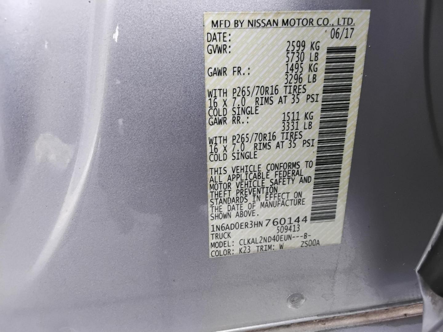 2017 SILVER /Grey Nissan Frontier SL Crew Cab 5AT 2WD (1N6AD0ER3HN) with an 4.0L V6 DOHC 24V engine, 5A transmission, located at 6112 N Florida Avenue, Tampa, FL, 33604, (888) 521-5131, 27.954929, -82.459534 - $499 down plus tax & tag. - Photo#22