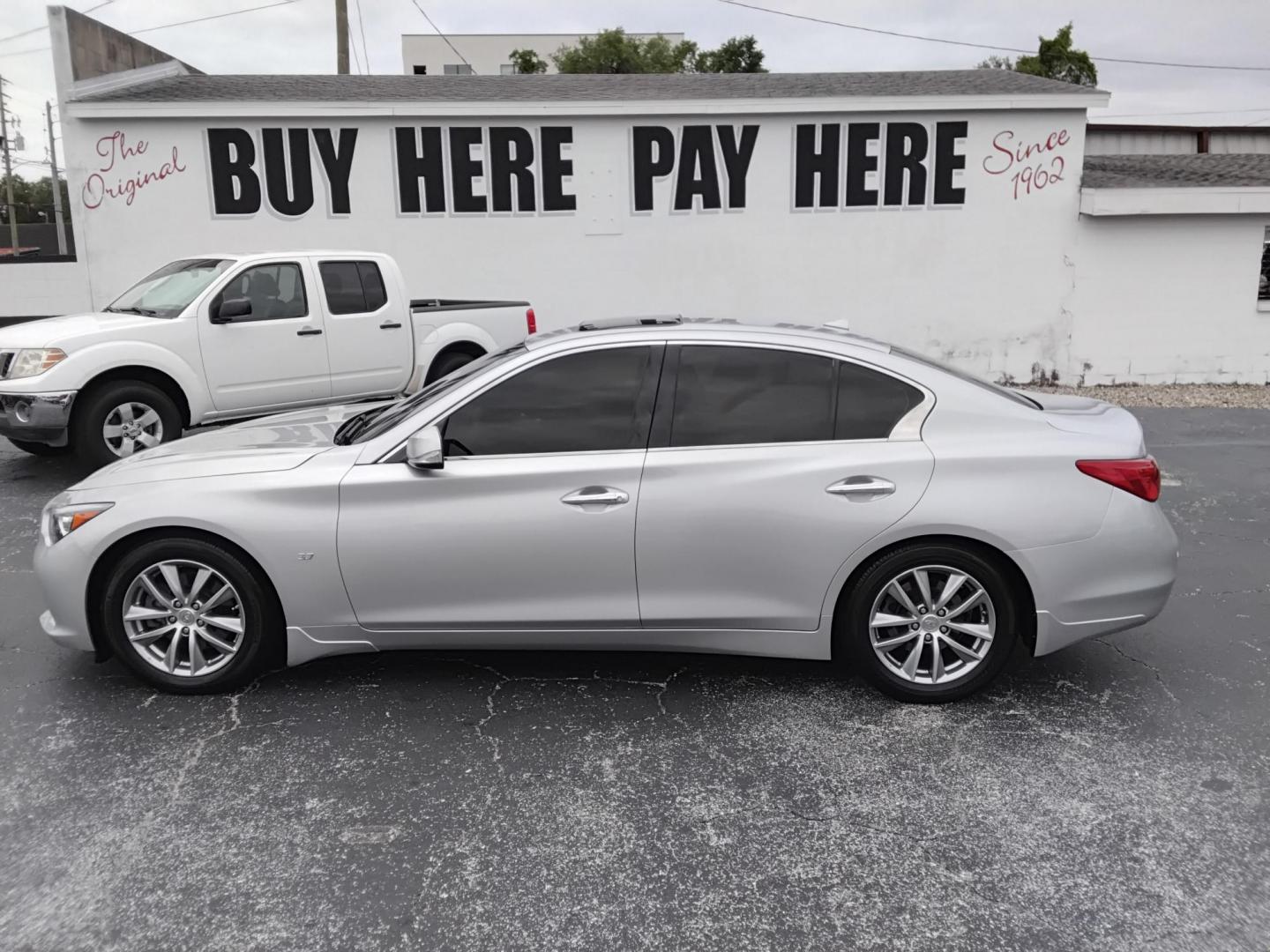 2014 SILVER /BLACK Infiniti Q50 Premium (JN1BV7AP5EM) with an 3.7L V6 DOHC 24V HYBRID engine, 7-Speed Automatic transmission, located at 6112 N Florida Avenue, Tampa, FL, 33604, (888) 521-5131, 27.954929, -82.459534 - $499 down plus tax & tag. - Photo#0