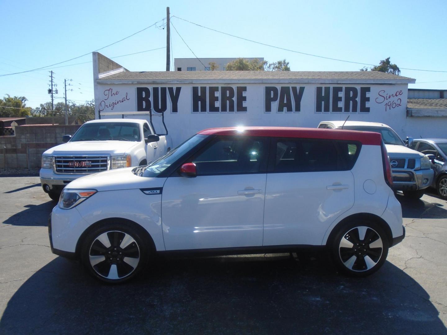 2016 White / Red Kia Soul + (KNDJP3A52G7) with an 2.0L L4 DOHC 16V engine, 6A transmission, located at 6112 N Florida Avenue, Tampa, FL, 33604, (888) 521-5131, 27.954929, -82.459534 - Photo#0